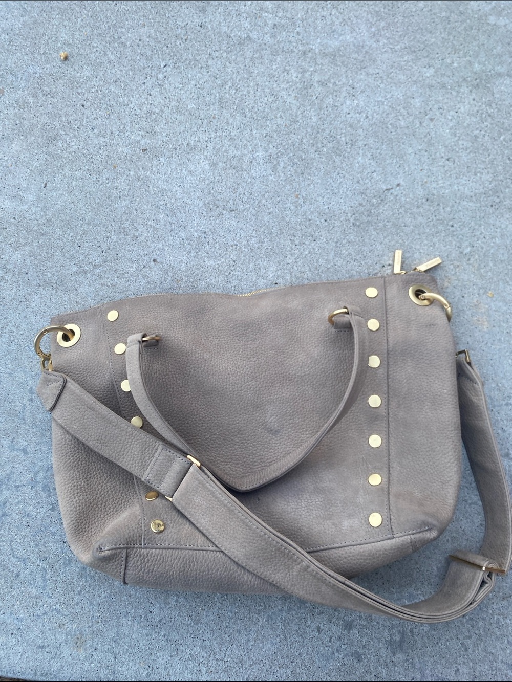 Hammitt Taupe Pebbled Leather Shoulder Bag with Gold Studs